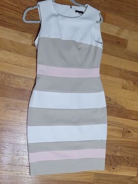 Tommy Hilfiger Sleeveless Striped Midi Dress in White, Taupe & Blush